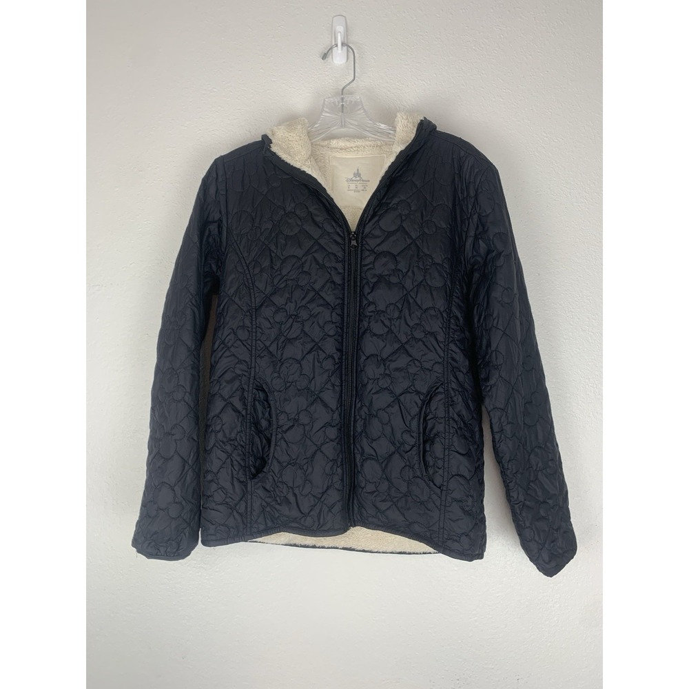 Disney Parks Mickey Mouse Black Quilted Puffer Jacket Hooded Sherpa Lined Small‎